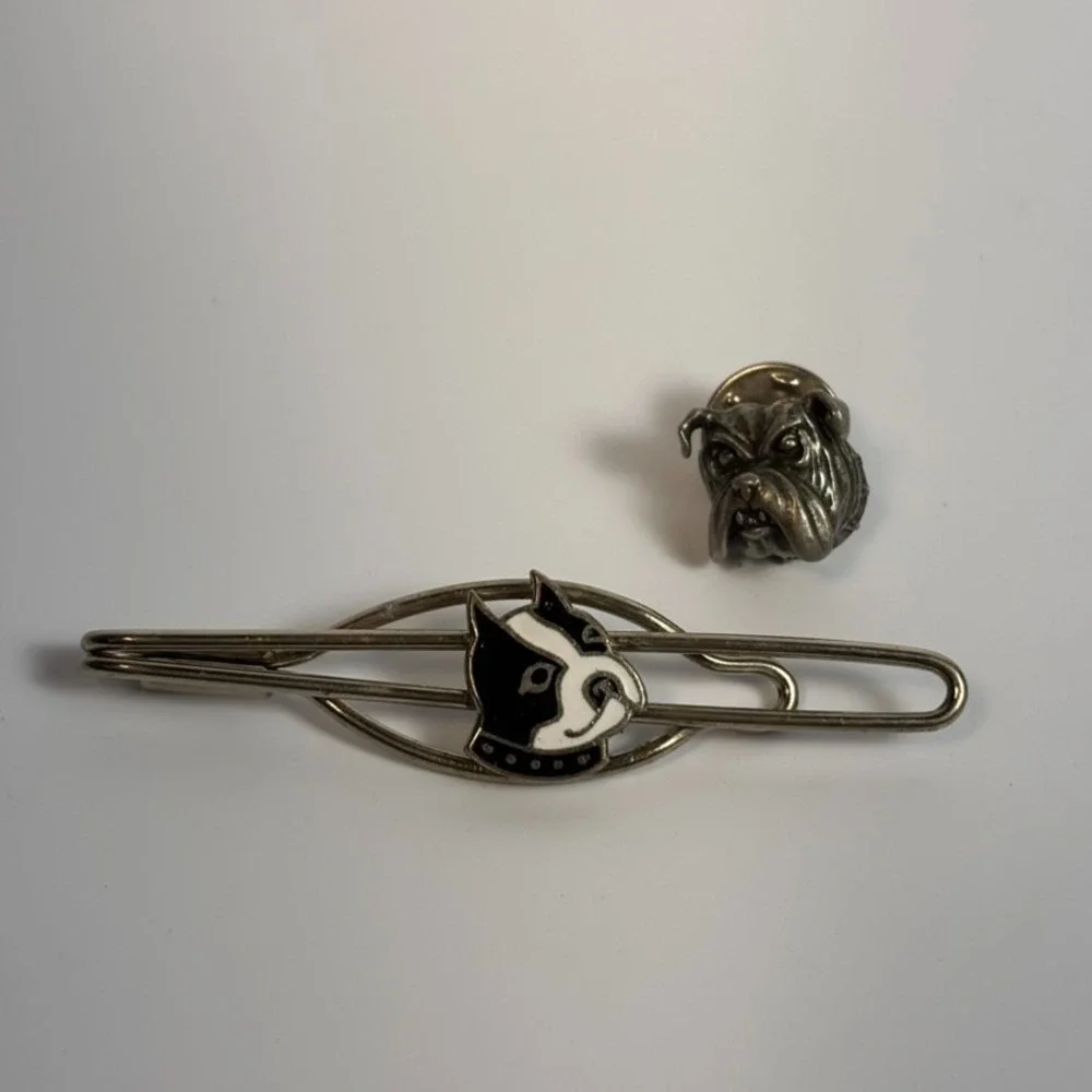 Vintage Tie Bar Clip Enamel Pit Bull with Spiked Collar Bulldog Pin‎ Silver Tone